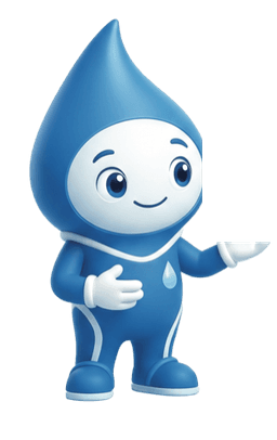 Flo, the SUPERPURE water-drop mascot, waving